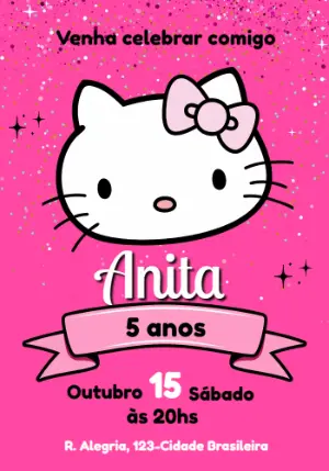 Convite de Aniversário Hello Kitty Rosa Glitter Editável