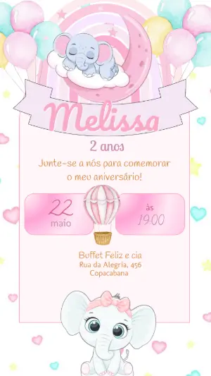 Convite de Aniversário Elefantinha Rosa Aquarela Editável