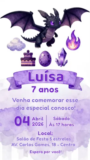 Convite de Aniversário Dragão Roxo e Fofo para Editar