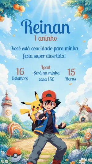 Convite de Aniversário Pokémon: Modelo Digital Editável
