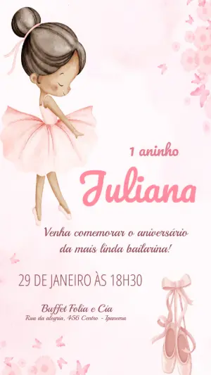 Convite de Aniversário Bailarina Aquarela Rosa Modelo Editável