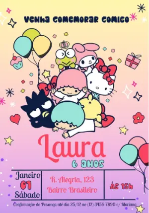 Convite de Aniversário Hello Kitty e Amigos para Editar Online