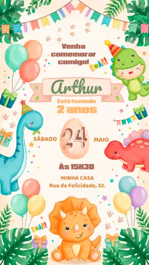 Convite de Aniversário Dinossauro Baby Aquarela para Editar