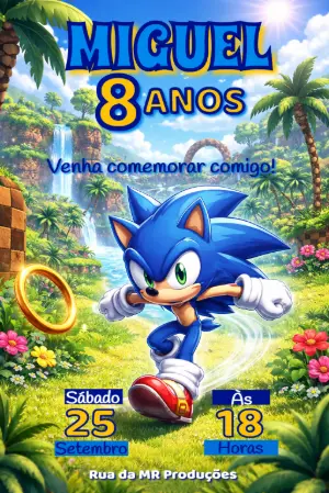Convite Digital Aniversário Infantil Tema Sonic para Editar