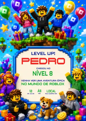 Convite de Aniversário Roblox Level Up para Editar
