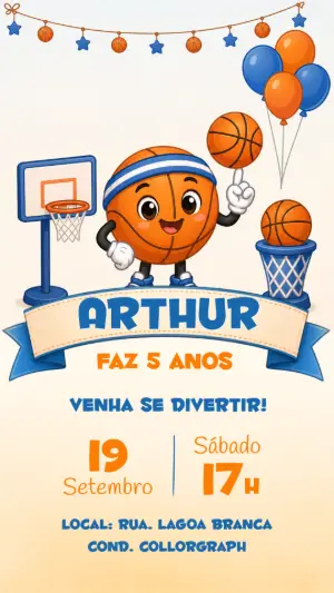 Convite de Aniversário Basquete Infantil para Editar