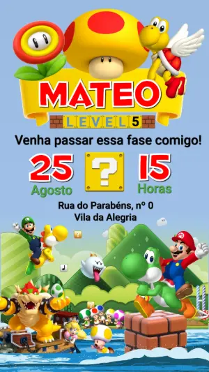 Convite de Aniversário Super Mario: Modelo Editável e Digital