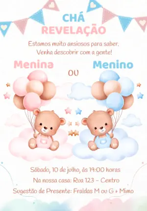 Convite Chá Revelação Ursinhos Fofos para Editar Online