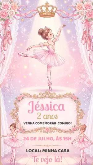 Convite de Aniversário Bailarina Rosa e Dourado Editável