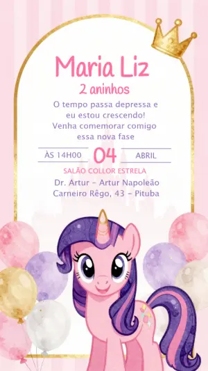 Convite de Aniversário My Little Pony Rosa e Lilás Editável