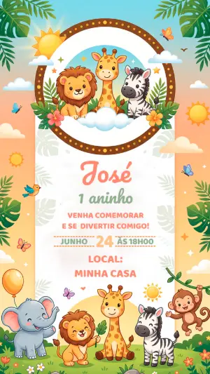 Convite Digital Aniversário Safari Animais Editável