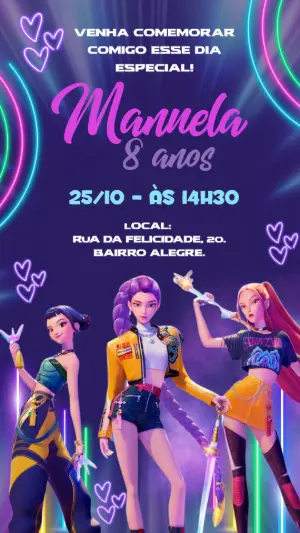 Convite Aniversário Guerreiras K-Pop para Editar Online