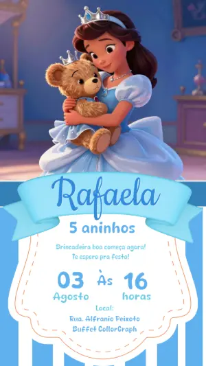 Convite Aniversário Princesa e Ursinho Azul Modelo Editável