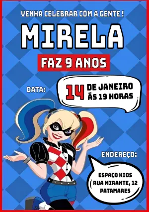 Convite Aniversário Arlequina Super Hero Girls para Editar