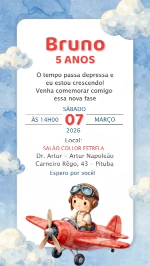 Convite de Aniversário Aviador Aquarela Editável para Menino