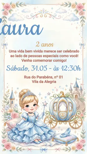 Convite de Aniversário Cinderela Baby em Aquarela Editável