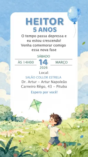 Convite de Aniversário Infantil Menino Pipa Aquarela Editável