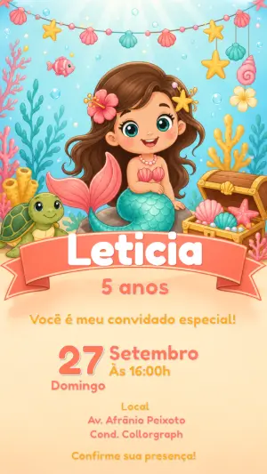 Convite de Aniversário Sereia Fundo do Mar para Editar
