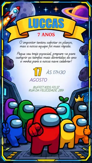 Convite de Aniversário Among Us Gamer Editável