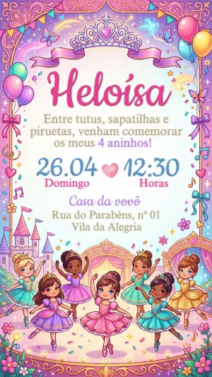 Convite de Aniversário Bailarina Princesa Editável