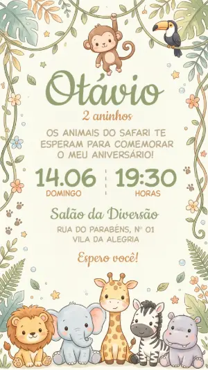 Convite de Aniversário Infantil Safari Aquarela Editável
