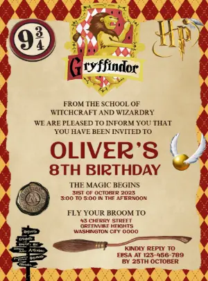 Editable Gryffindor Harry Potter Birthday Invitation