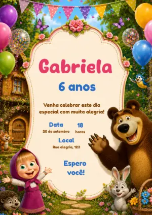 Convite de Aniversário Masha e o Urso para Editar Online