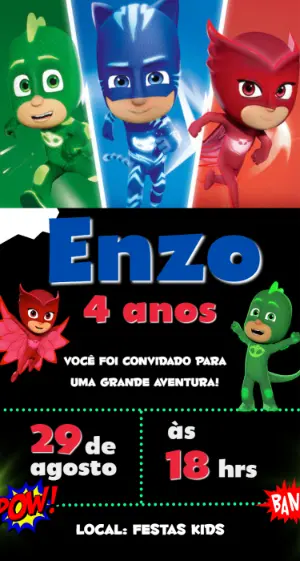 Convite de Aniversário PJ Masks Colorido para Editar