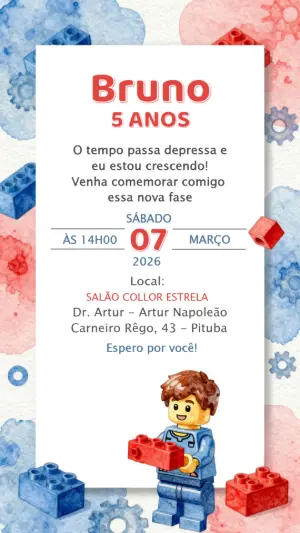 Convite de Aniversário Blocos de Montar Colorido para Editar