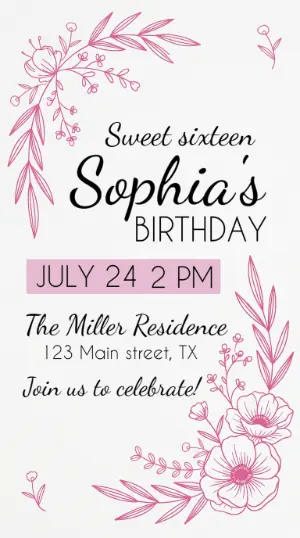 Editable Sweet 16 Invitation with Pink Floral Design