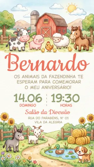 Convite de Aniversário Fazendinha Aquarela Editável