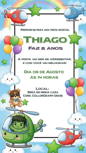 Convite de Aniversário Hulk no Helicóptero para Editar Online