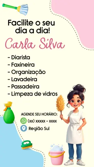 Cartão de Visita Faxineira e Diarista para Editar Online
