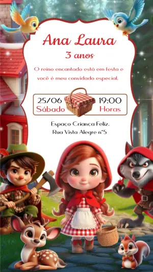 Convite Animado Infantil Chapeuzinho Vermelho para Editar