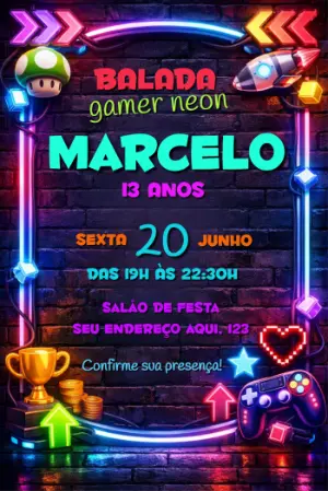 Convite Digital Aniversário Gamer Neon para Editar