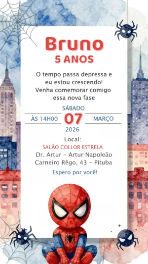 Convite Aniversário Homem-Aranha Aquarela para Editar