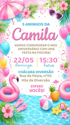 Convite de Aniversário Festa na Piscina Flamingo Editável