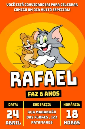 Convite de Aniversário Tom e Jerry Laranja Modelo Editável