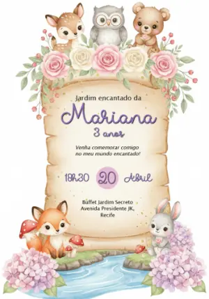 Convite Aniversário Bosque Encantado com Animais para Editar