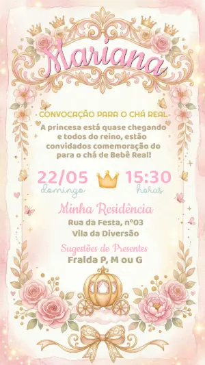Convite Chá de Bebê Princesa Realeza Rosa Editável