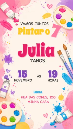 Convite de Aniversário Pintando o 7 Aquarela Editável