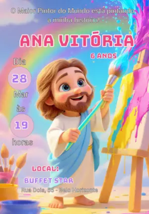 Convite de Aniversário Infantil Jesus Pintor Colorido para Editar
