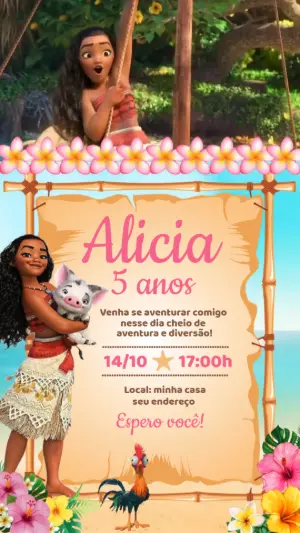 Convite Animado Moana: Vídeo de Aniversário para Editar