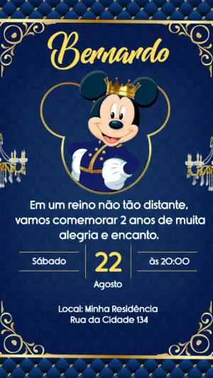 Convite Aniversário Mickey Príncipe Azul e Dourado para Editar