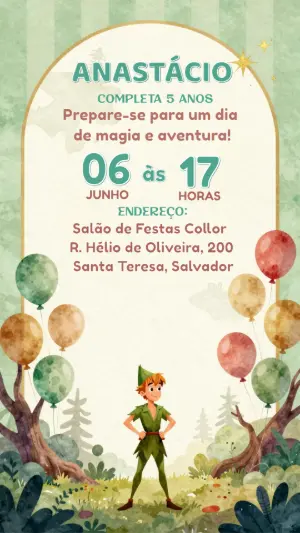 Convite de Aniversário Peter Pan Aquarela Editável