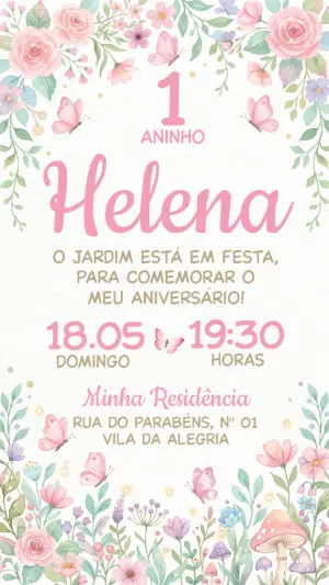 Convite de Aniversário Jardim das Borboletas Aquarela Editável
