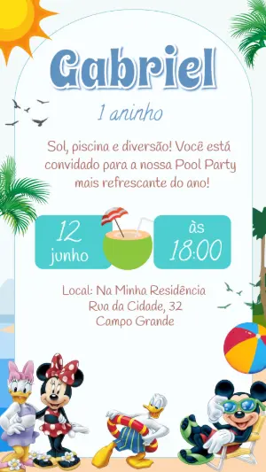 Convite de Aniversário Turma do Mickey Pool Party para Editar