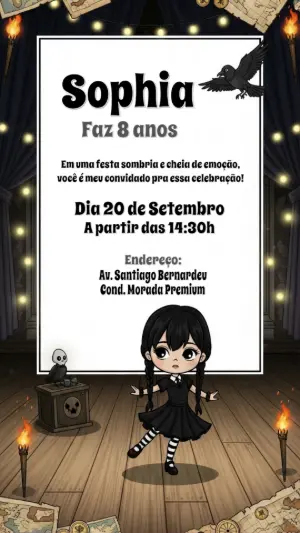 Convite Aniversário Wandinha Addams para Editar Online