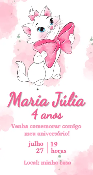 Convite de Aniversário Digital Gatinha Marie para Editar