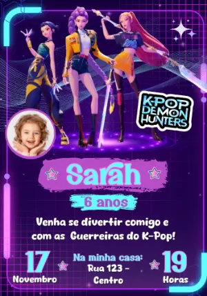 Convite Aniversário Guerreiras K-Pop com Foto para Editar Online